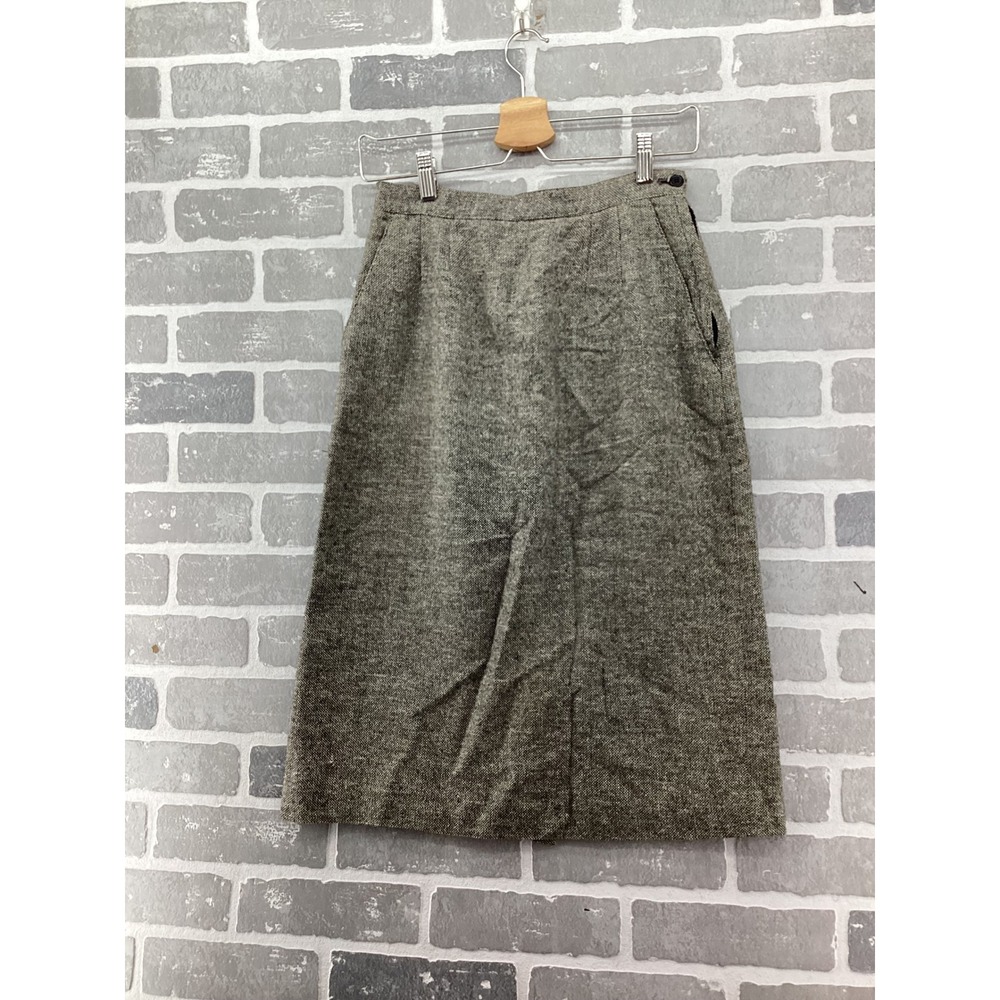 Vintage Haberdasher Brown Tweed Linen Wool Blend Midi Skirt Size 7/8 High Waist